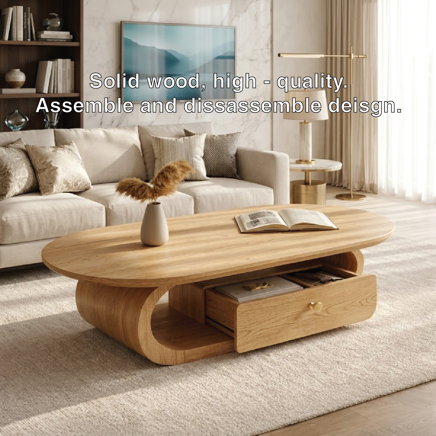 Wooden Coffee Table with Storage Drawer and Curved Modern Design - view 7 of 7