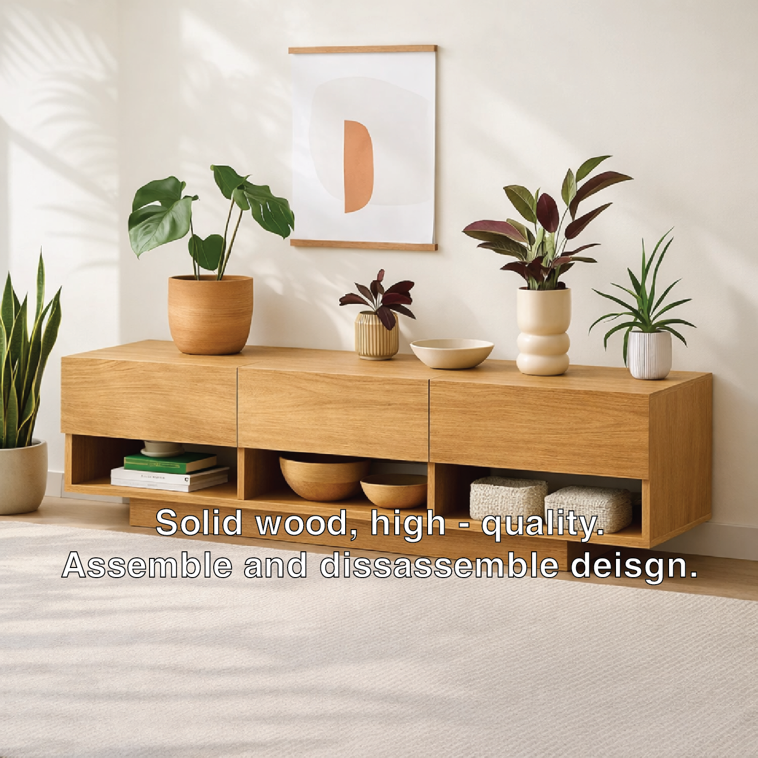Modern Solid Wood Console Table, Minimalist Media Console Cabinet with Open Storage Shelves - view 3 of 7