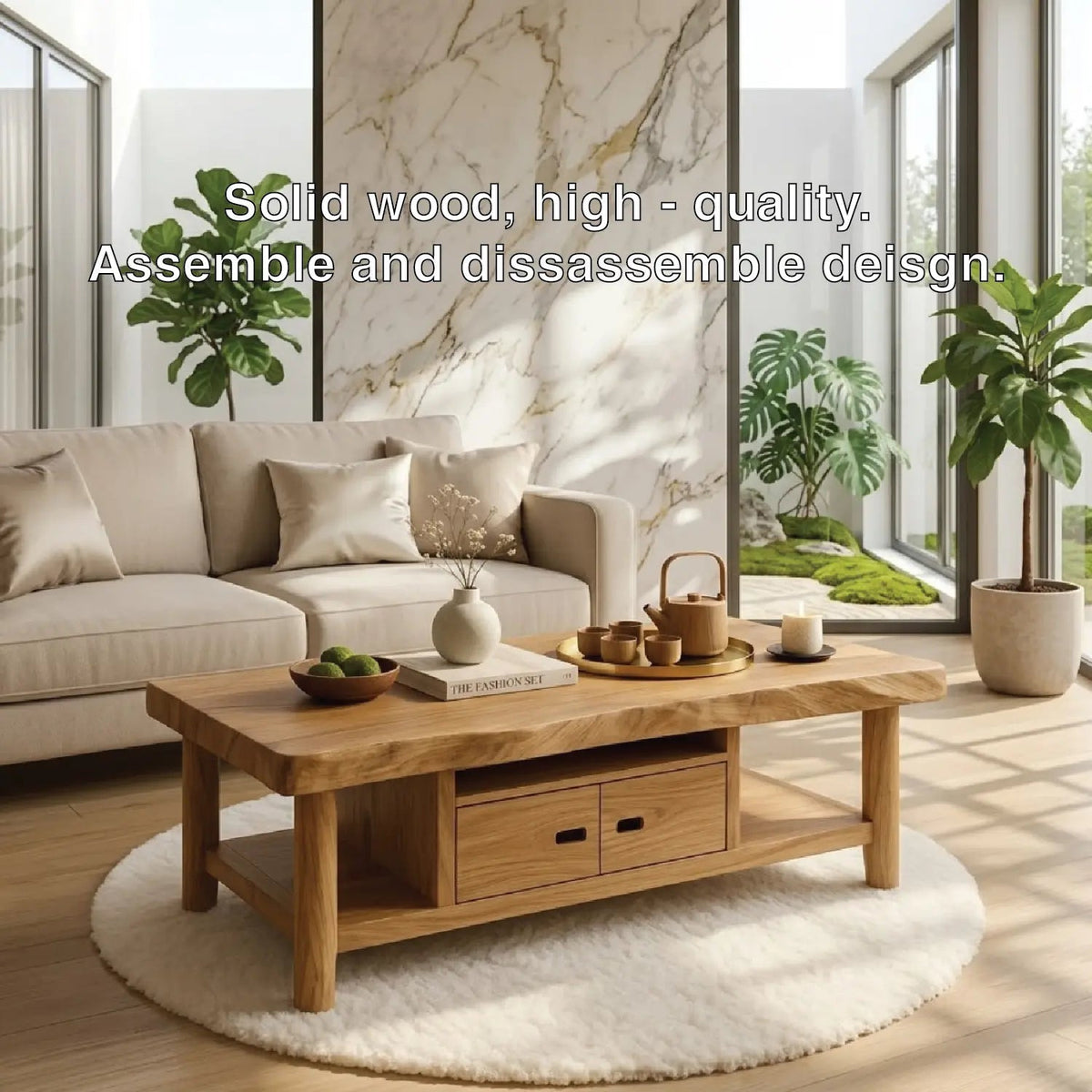 Solid Wood Coffee Table with Storage Shelf and Drawers for Living Room Decor - view 6 of 7