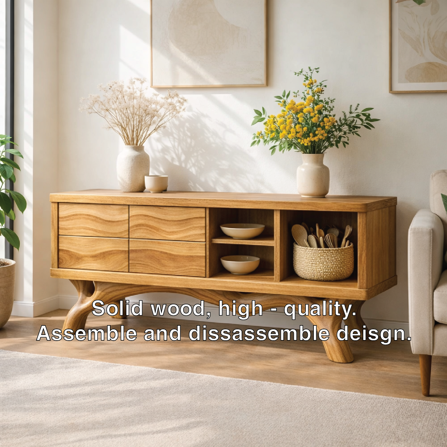 Modern Solid Wood Sideboard Cabinet, Oak Buffet Storage Console with Shelves and Drawers - view 3 of 7