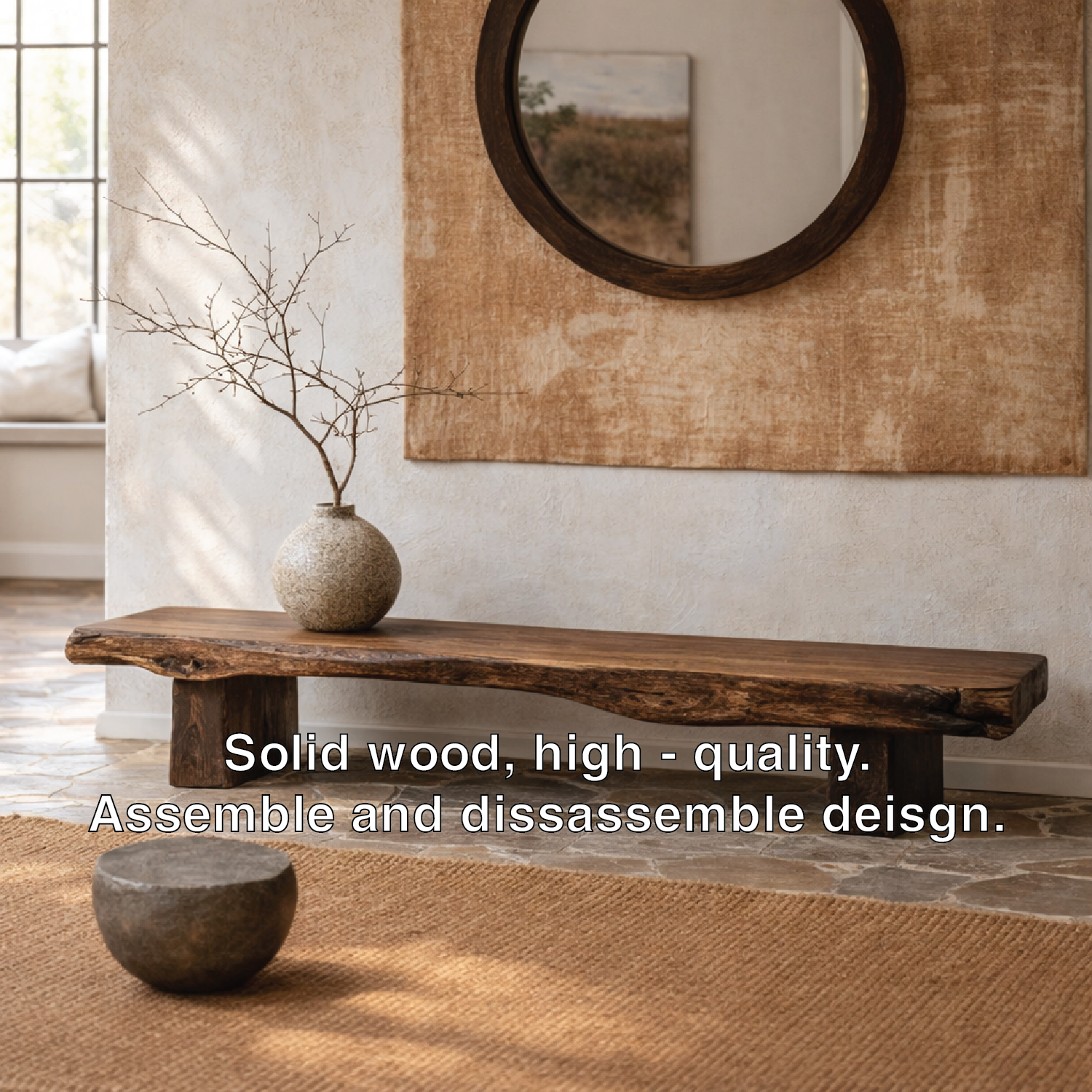 Live Edge Solid Wood Bench, Rustic Organic Entryway Seating - view 3 of 7