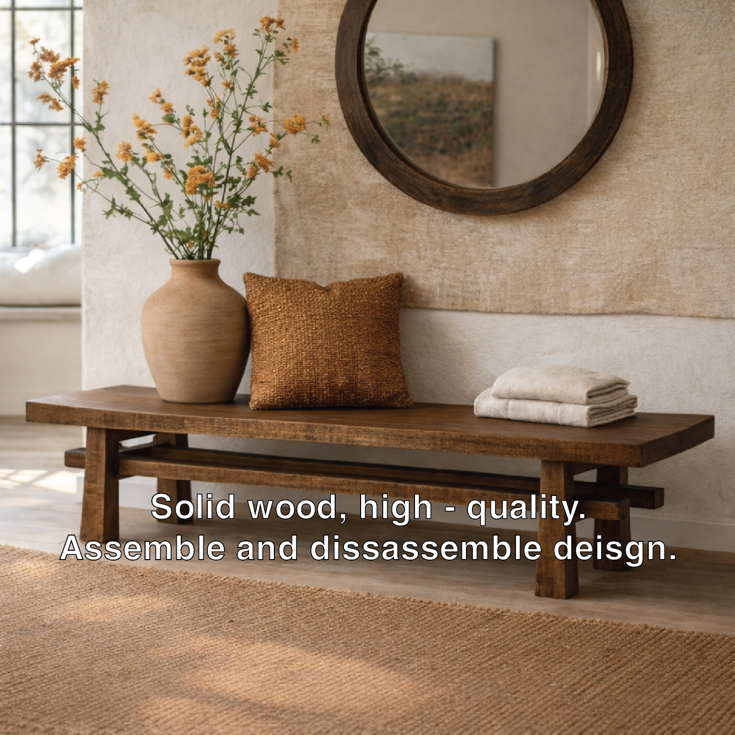 Rustic Solid Wood Entryway Bench, Farmhouse Hallway Seating - view 3 of 7