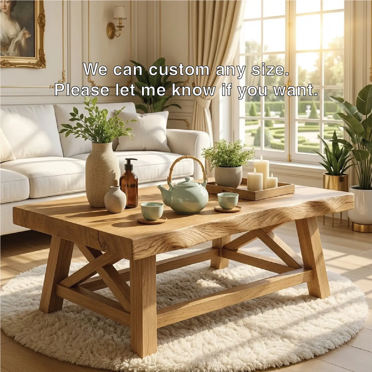 Handcrafted Wooden Coffee Table with X-Shaped Support, Natural Rustic Finish - view 5 of 7