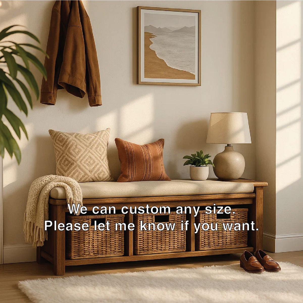 Solid Wood Entryway Bench with Woven Basket Storage, Rustic Hallway Organizer - view 4 of 7
