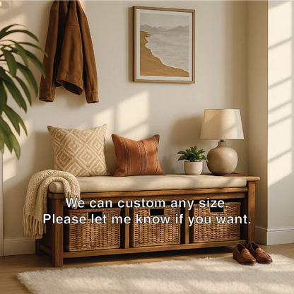 Solid Wood Entryway Bench with Woven Basket Storage, Rustic Hallway Organizer - view 4 of 7