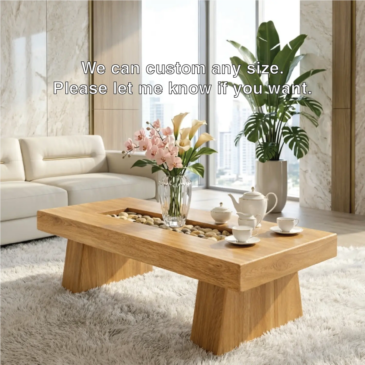 Rustic Wooden Coffee Table with Stone Inlay, Handmade Living Room Furniture - view 5 of 7