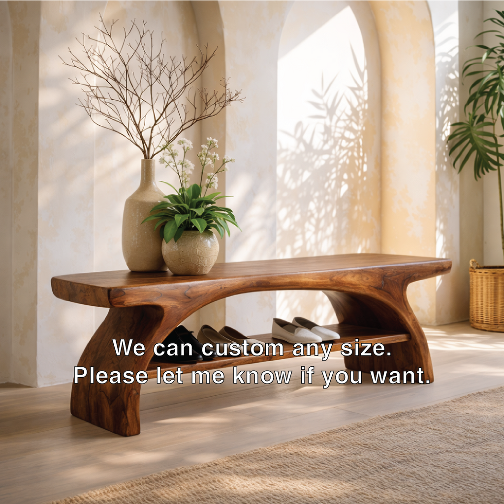 Sculptural Solid Wood Entryway Bench with Open Shoe Shelf - view 5 of 7