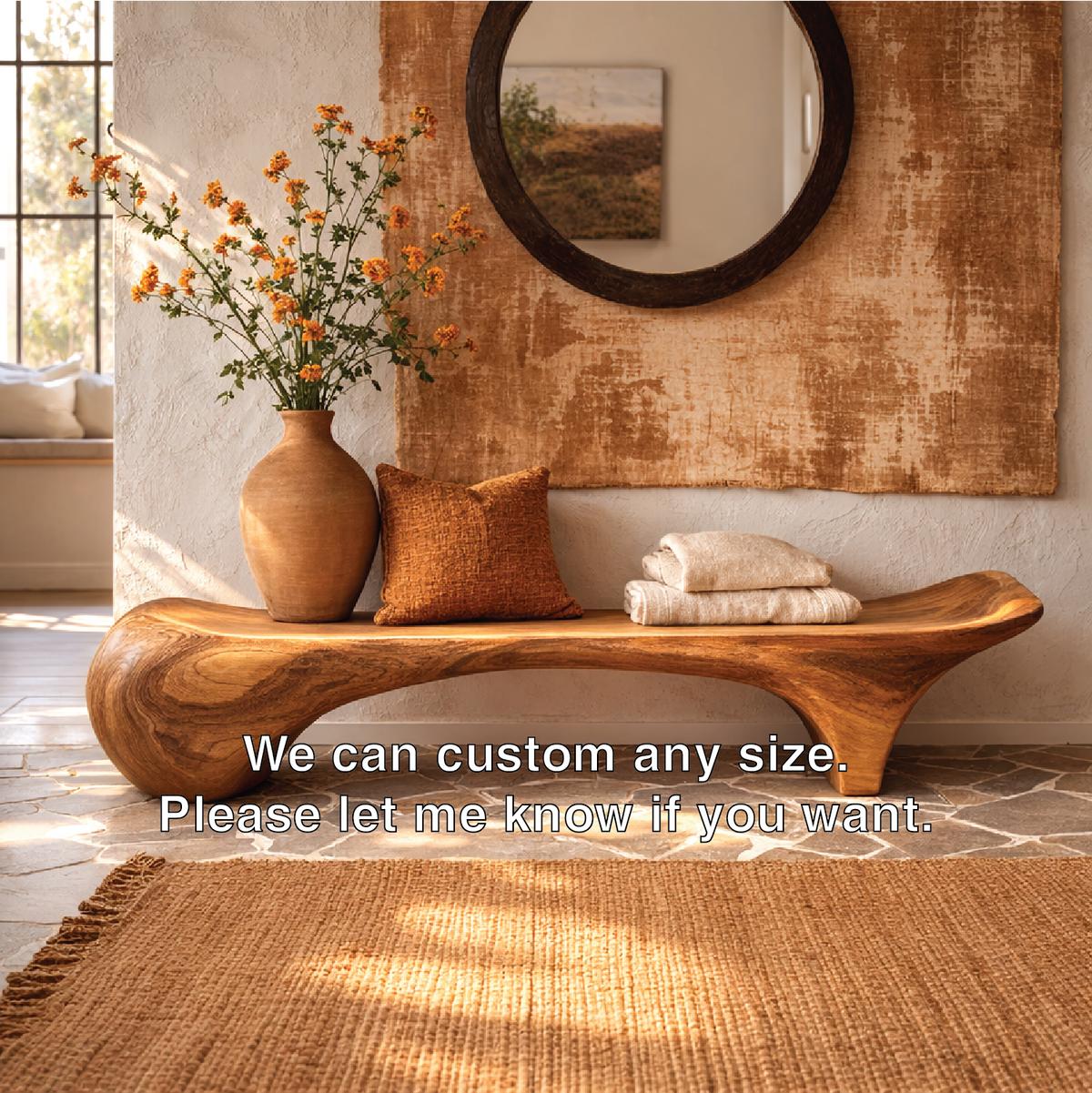 Sculptural Solid Wood Bench, Organic Modern Entryway Statement Seat - view 6 of 7