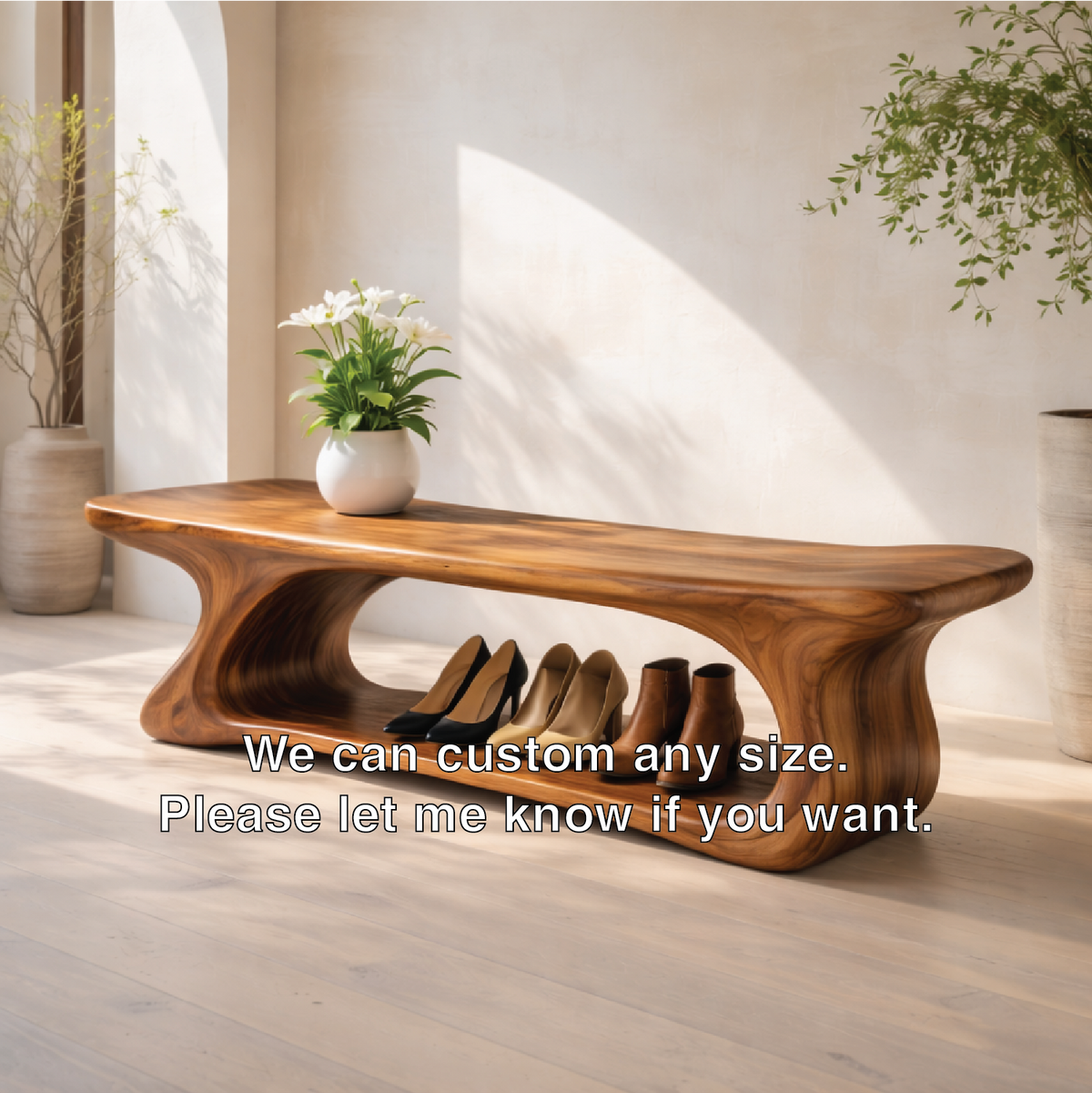 Sculptural Solid Wood Storage Bench, Modern Organic Entryway Shoe Bench - view 4 of 7