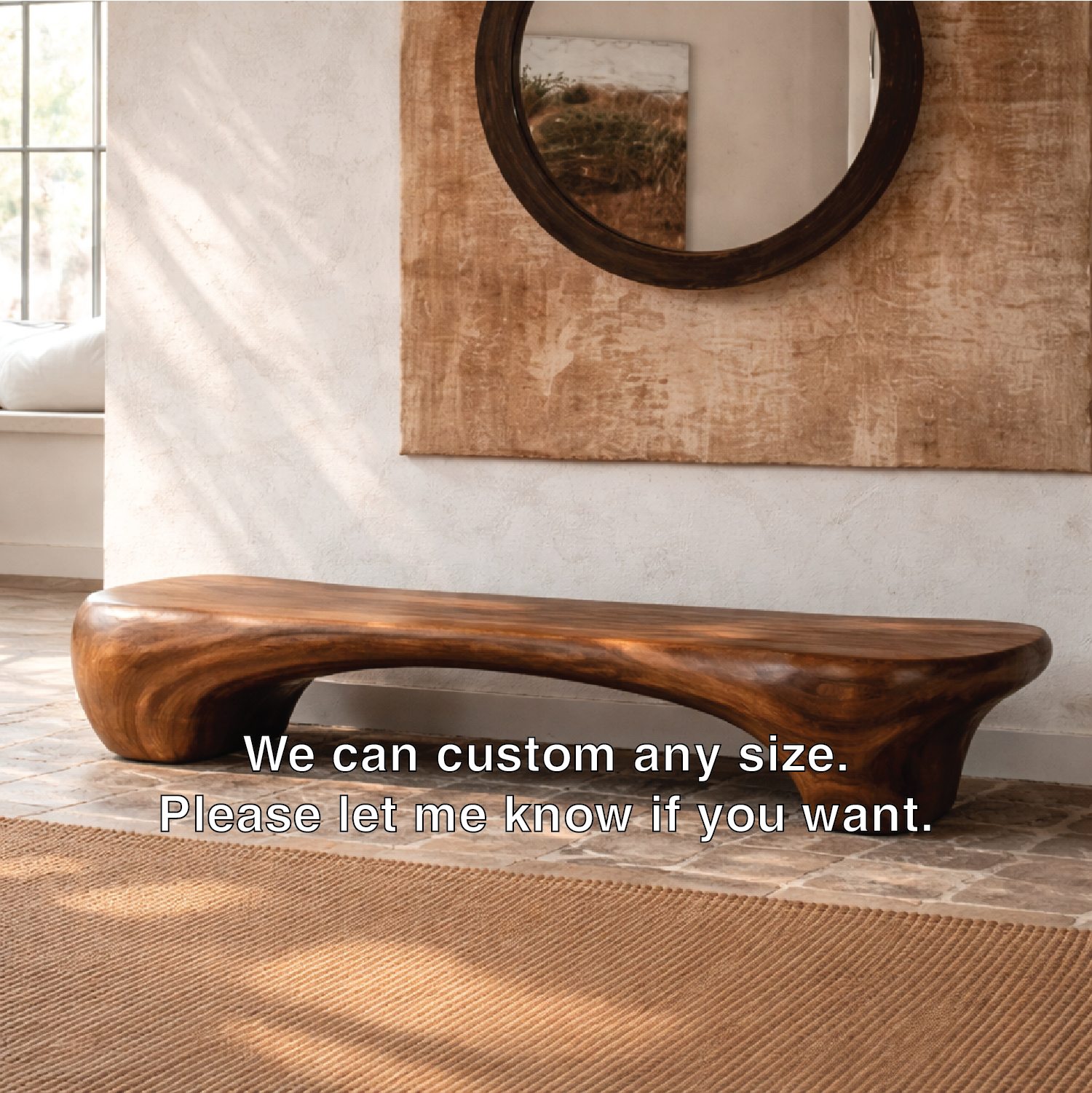 Organic Sculptural Solid Wood Bench, Modern Rustic Statement Seating - view 5 of 7
