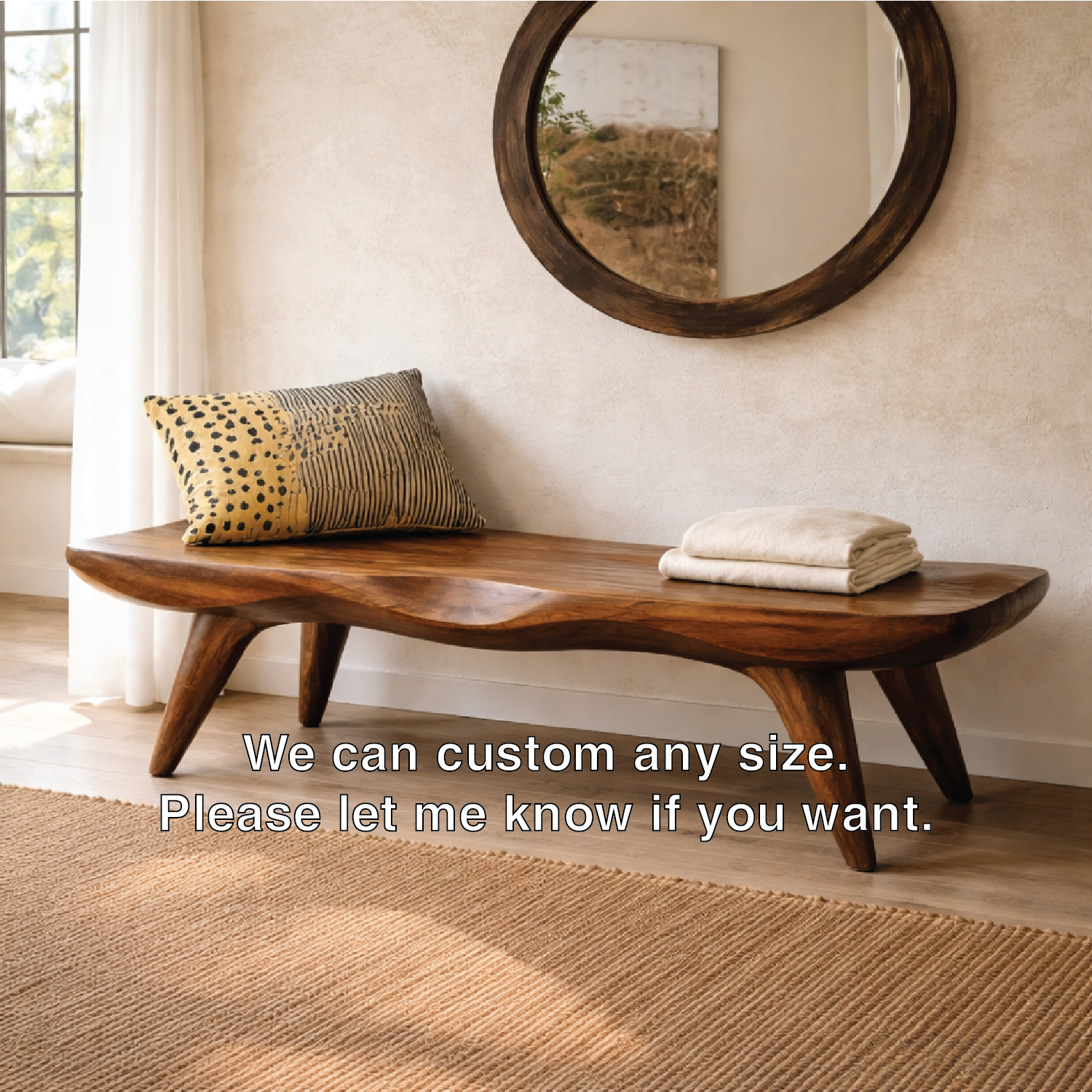 Live Edge Solid Wood Bench, Sculpted Rustic Entryway Hallway Seating - view 5 of 7