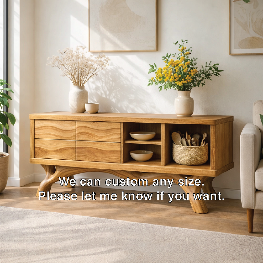 Modern Solid Wood Sideboard Cabinet, Oak Buffet Storage Console with Shelves and Drawers - view 4 of 7