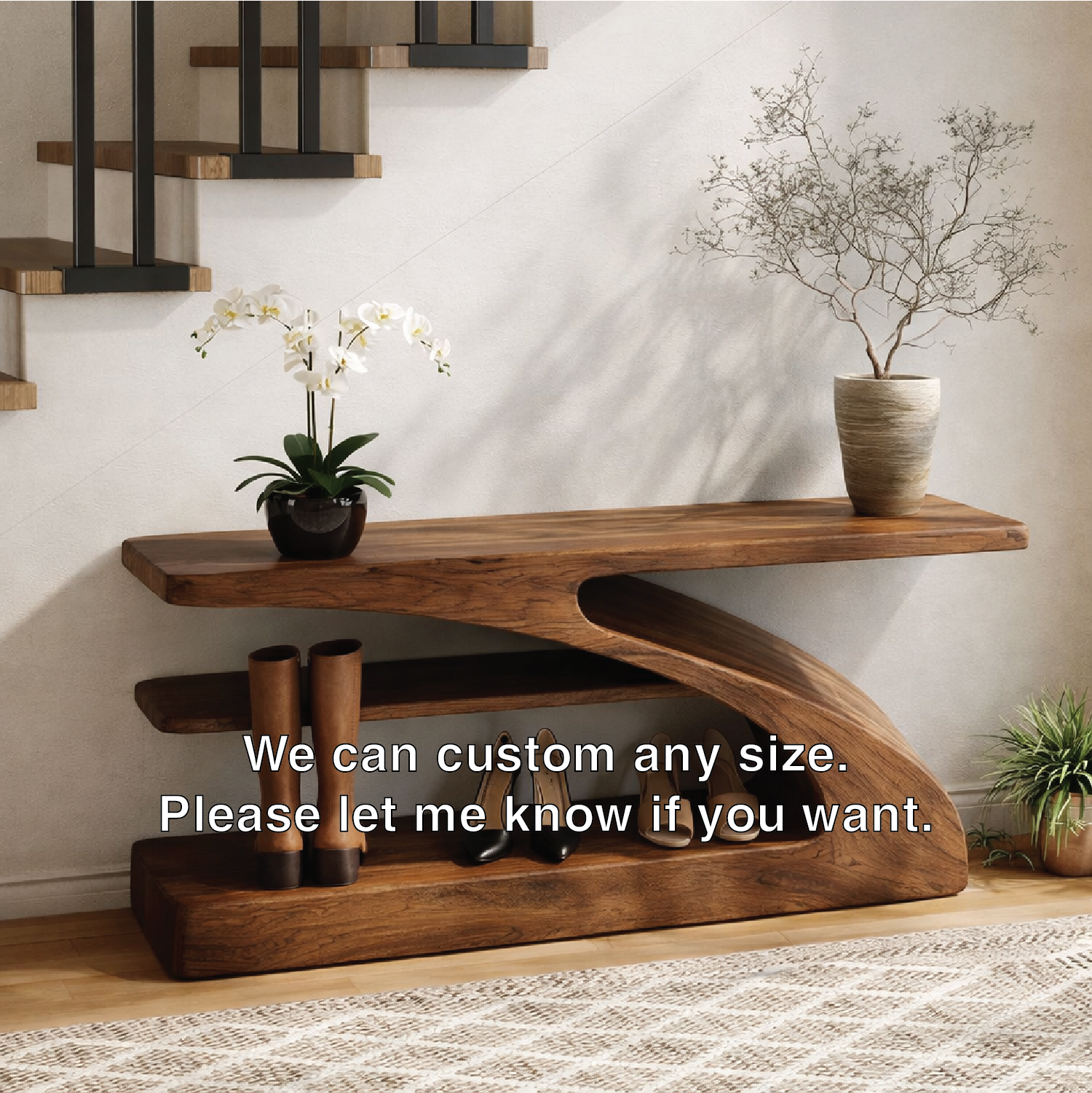 Modern Sculptural Solid Wood Entryway Bench with Shoe Storage - view 3 of 7
