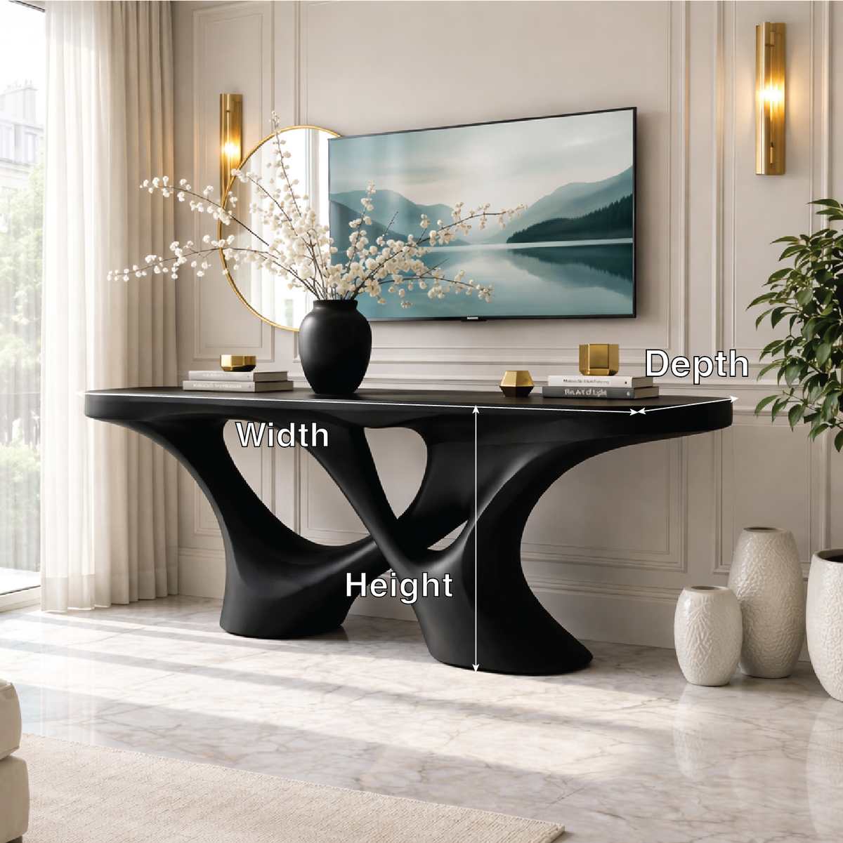 Solid Wood Console Table with Sculpted Curved Base, Artistic Modern Design - view 6 of 7