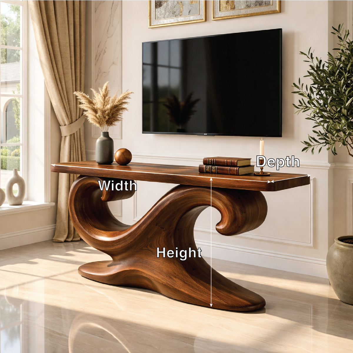 Solid Wood Console Table with Sculpted Curved Base, Artistic Modern Design - view 6 of 7