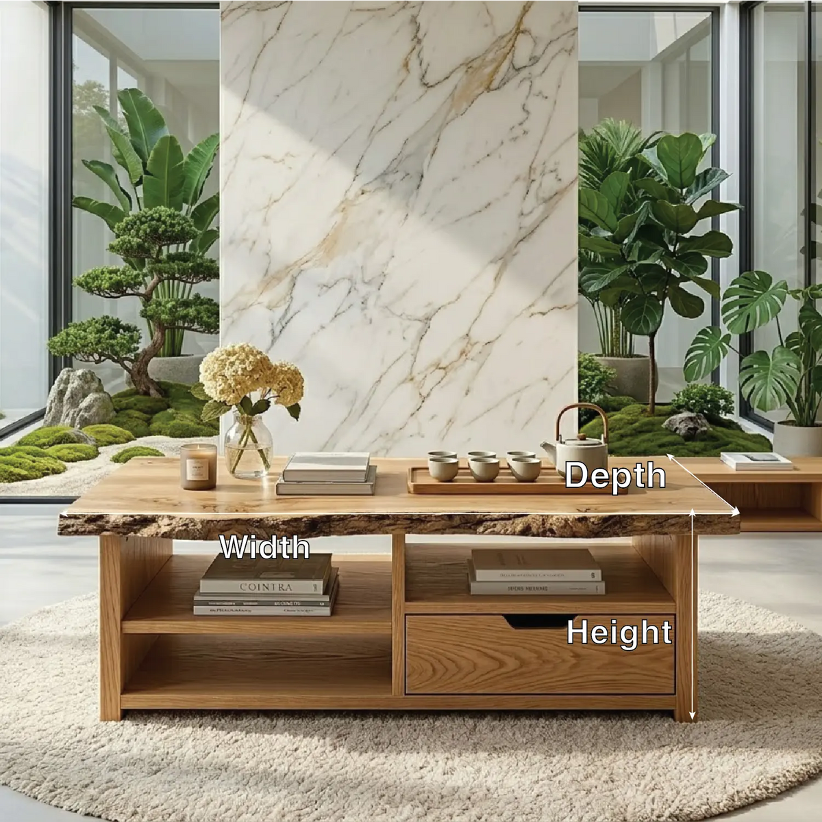 Live Edge Oak Coffee Table with Storage Drawer and Shelf, Solid Wood Living Room Table - view 7 of 7