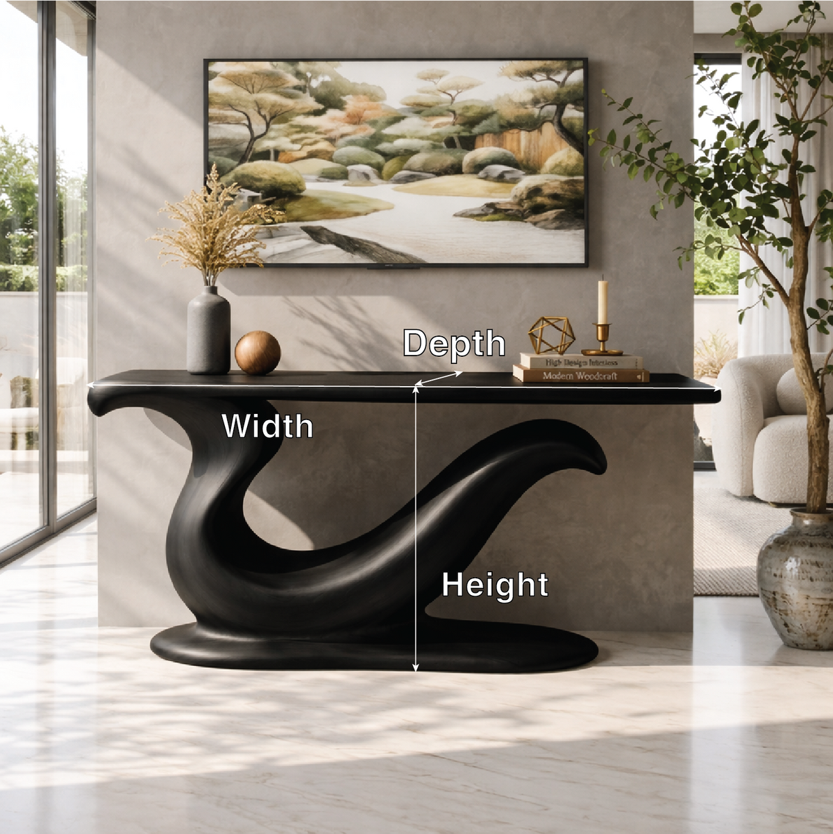 Solid Wood Console Table with Sculpted Curved Base, Modern Artistic Design - view 6 of 7