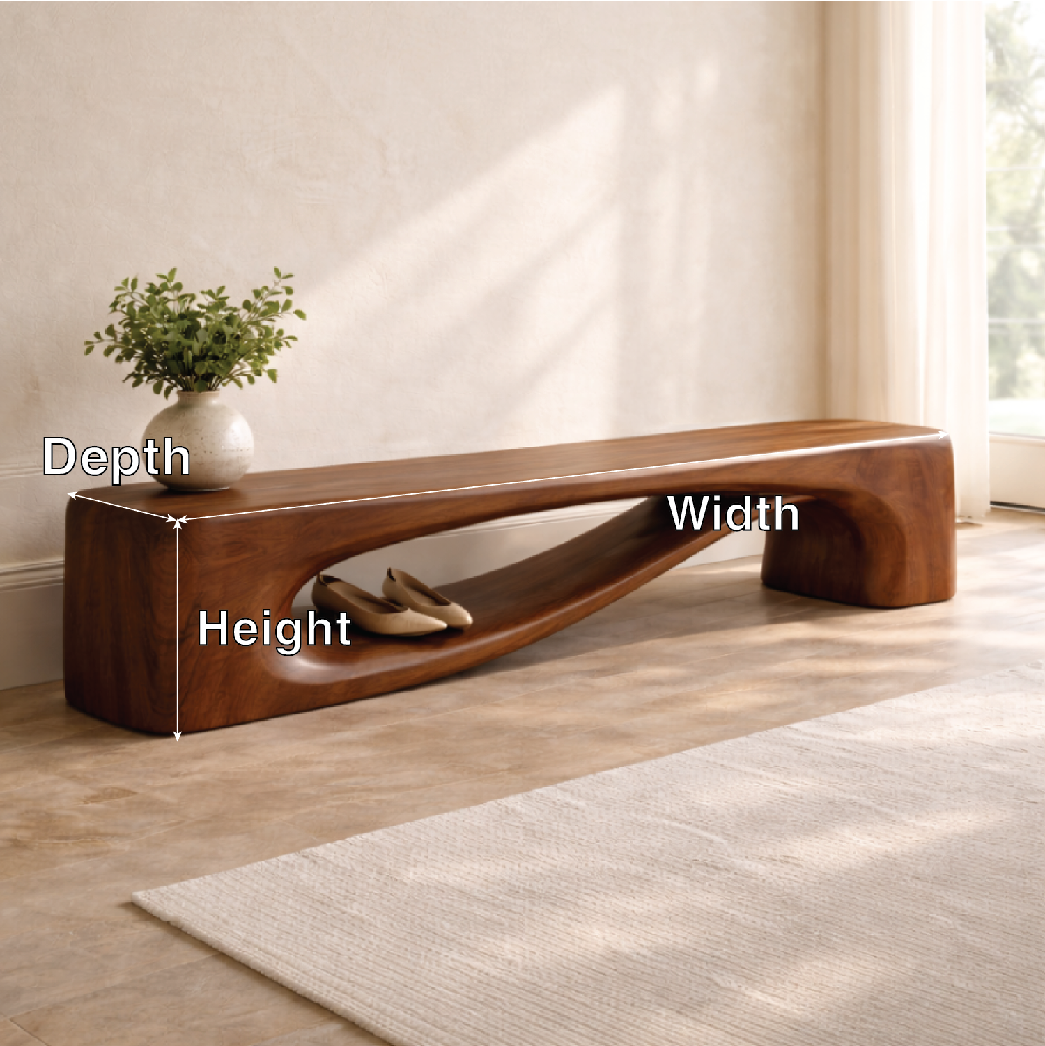 Modern Entryway Bench with Shelf Sculptural Hallway Seat Organic Statement Furniture - view 6 of 7