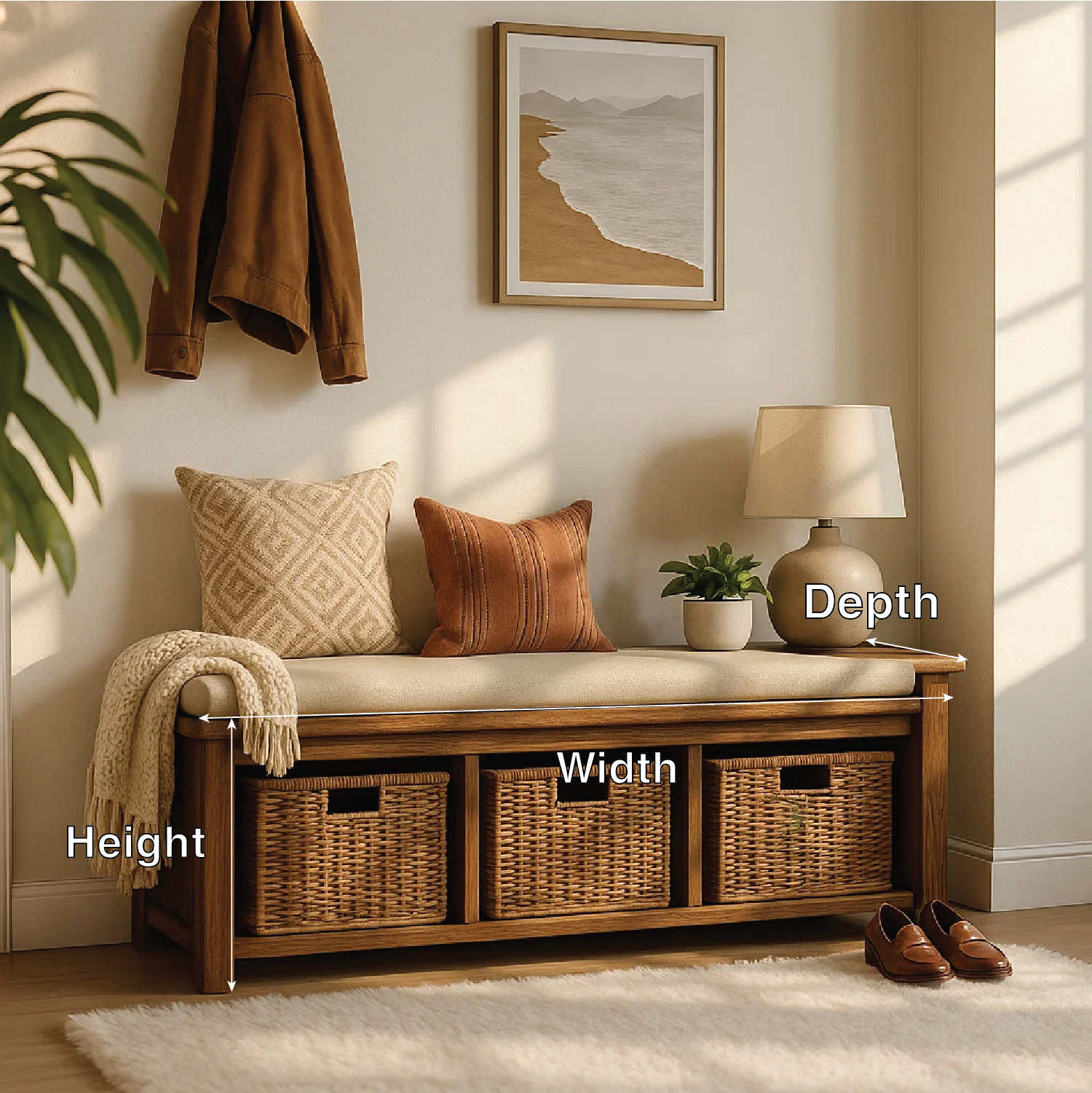 Solid Wood Entryway Bench with Woven Basket Storage, Rustic Hallway Organizer - view 2 of 7