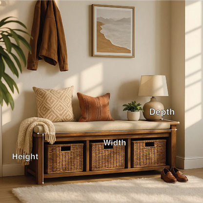 Solid Wood Entryway Bench with Woven Basket Storage, Rustic Hallway Organizer - view 2 of 7