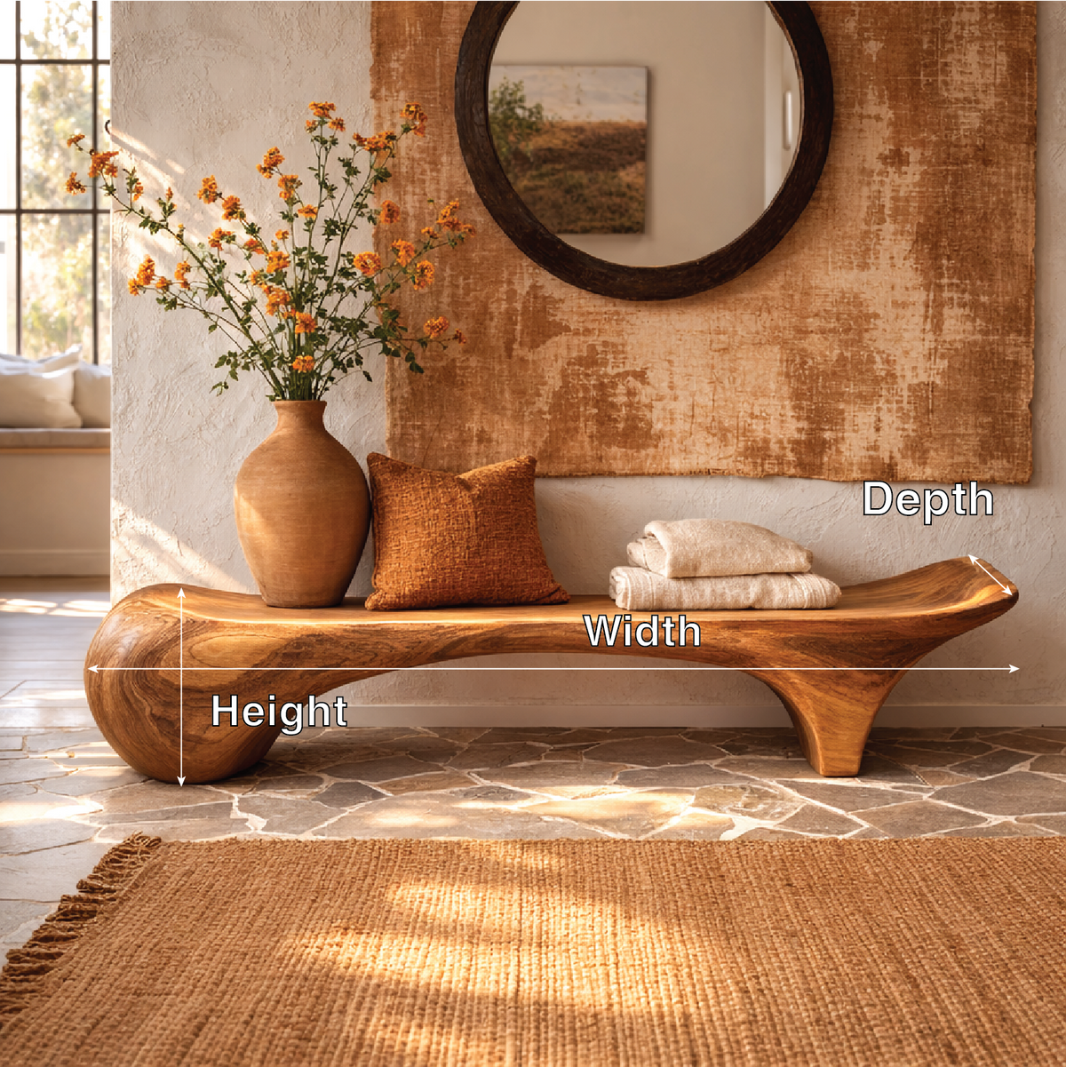 Sculptural Solid Wood Bench, Organic Modern Entryway Statement Seat - view 4 of 7