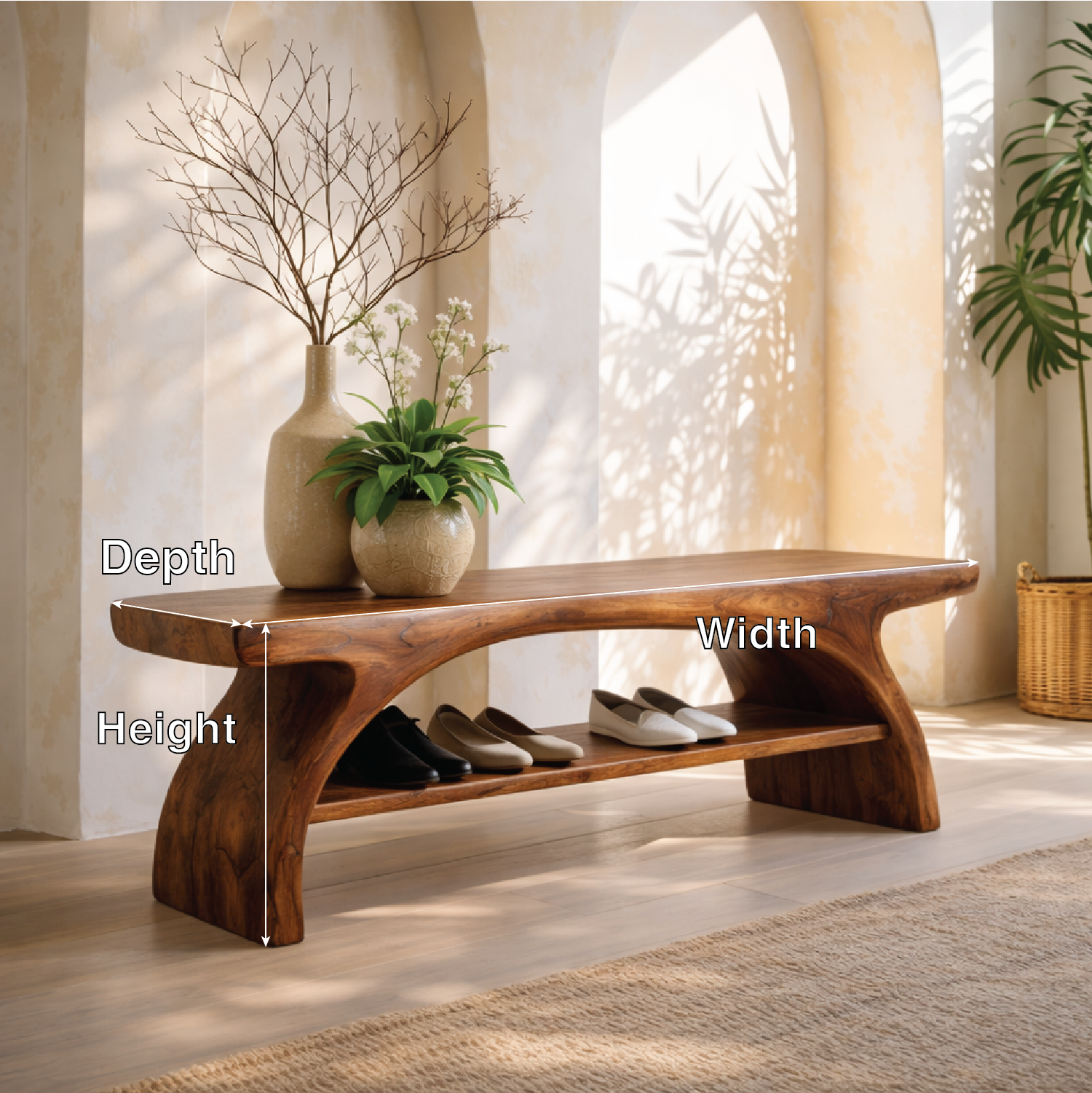 Sculptural Solid Wood Entryway Bench with Open Shoe Shelf - view 6 of 7