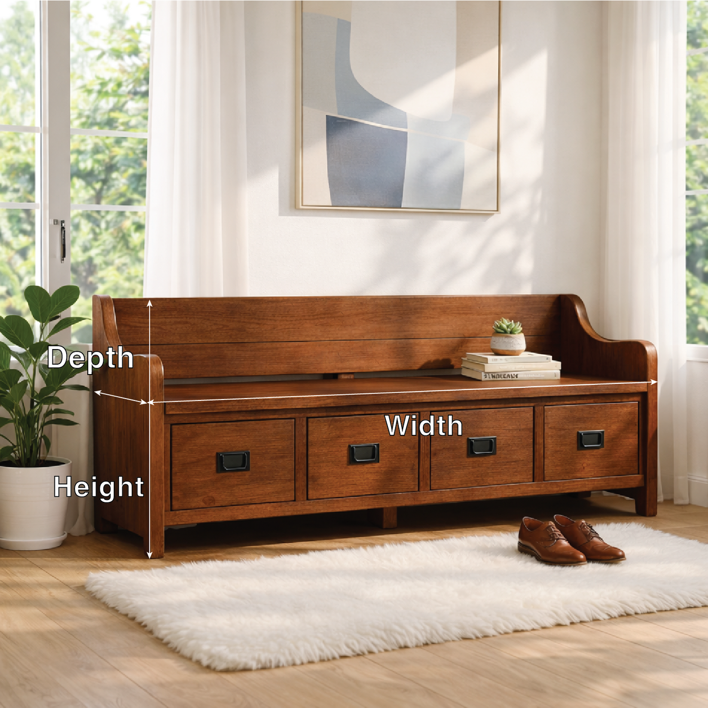 Solid Wood Storage Bench with Drawers, Entryway Hallway Seating Cabinet - view 2 of 7