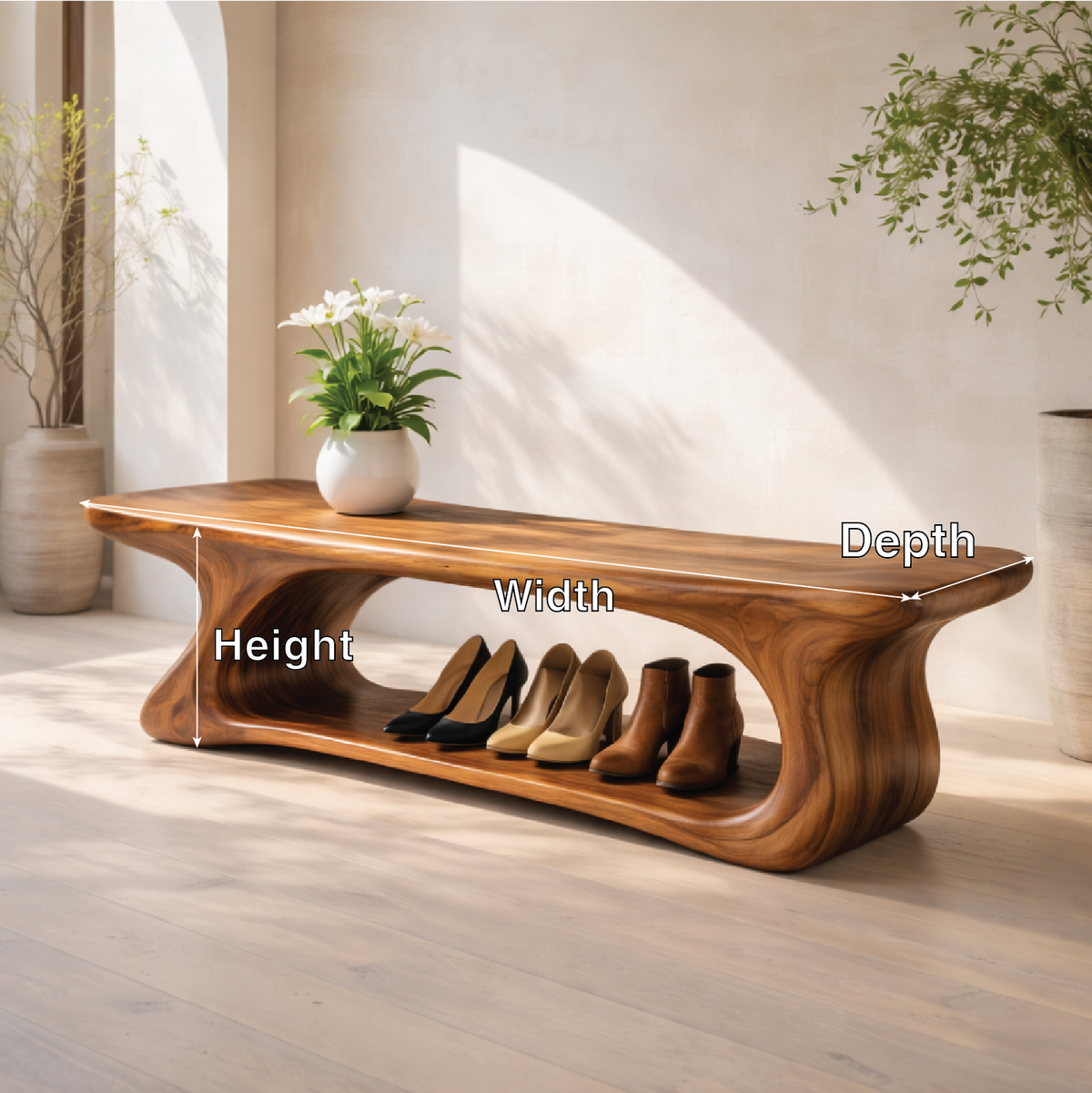 Sculptural Solid Wood Storage Bench, Modern Organic Entryway Shoe Bench - view 2 of 7