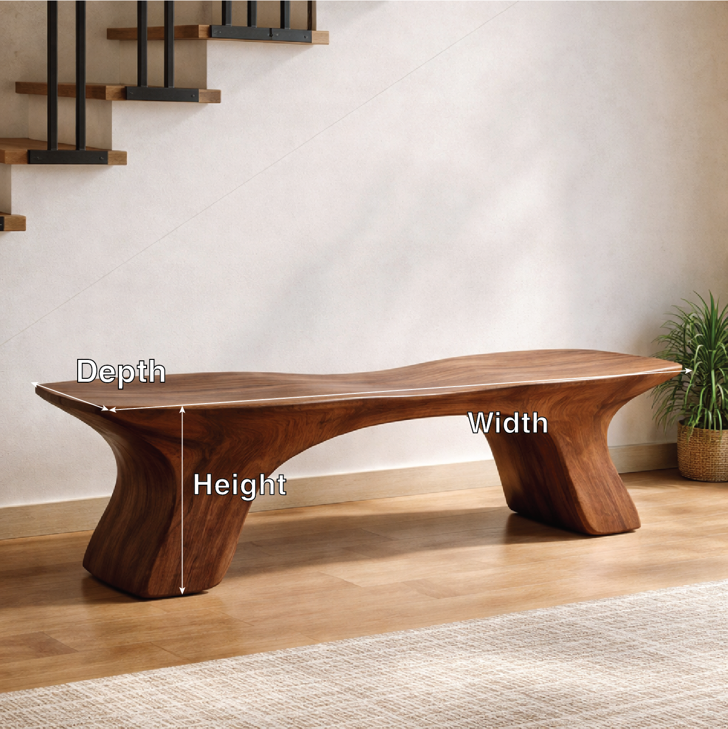Sculptural Solid Wood Bench, Organic Modern Statement Seating - view 3 of 7