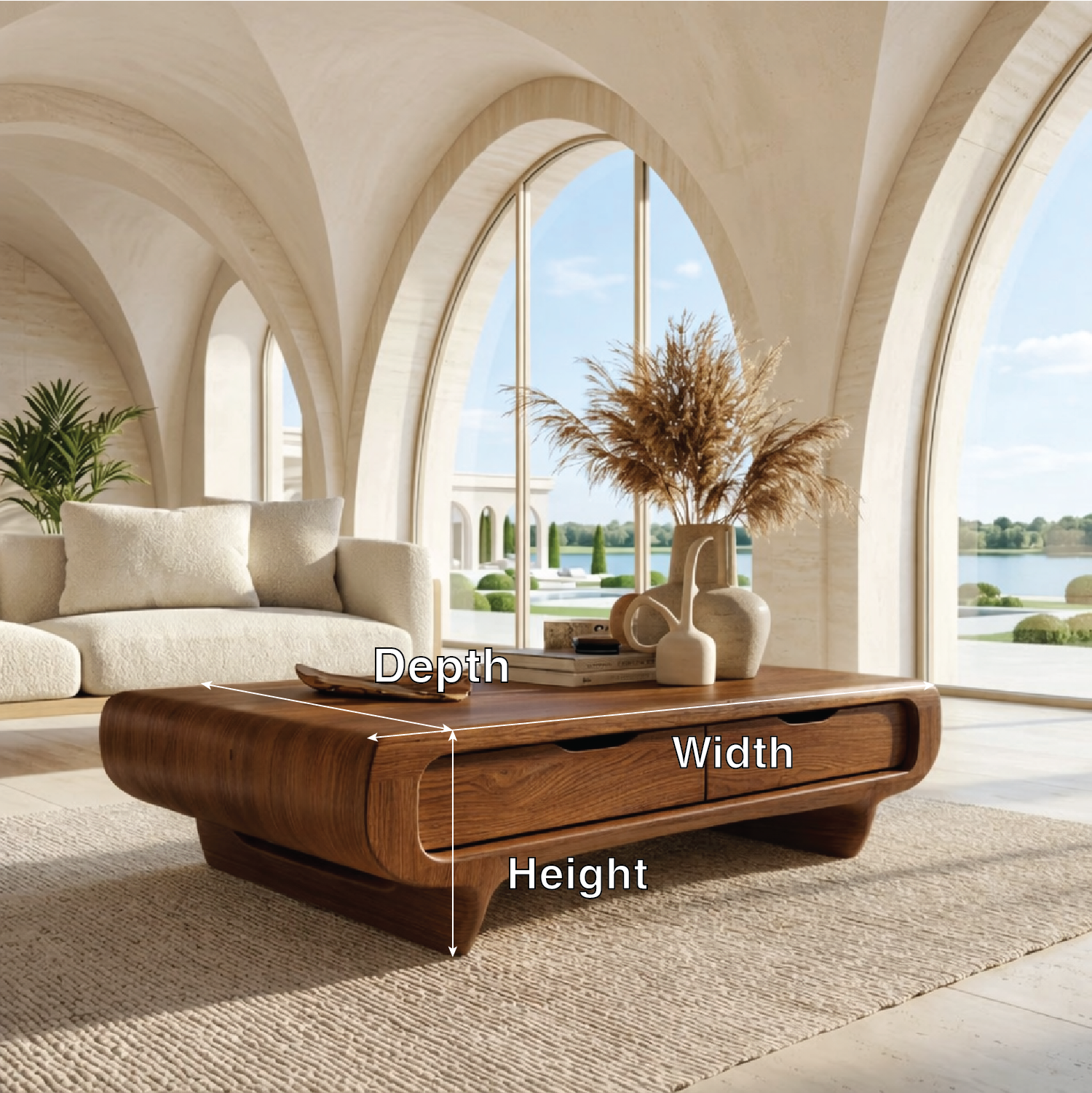 Modern Storage Coffee Table with Drawers, Rounded Minimalist Living Room Centerpiece - view 7 of 7