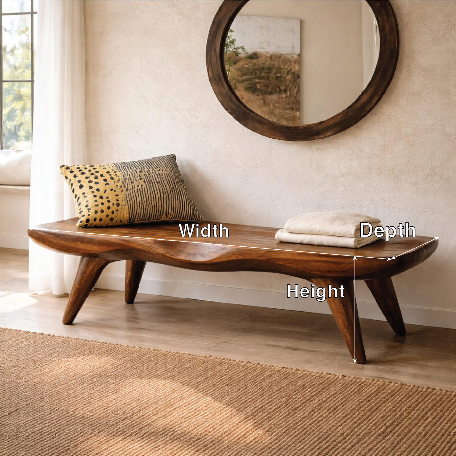 Live Edge Solid Wood Bench, Sculpted Rustic Entryway Hallway Seating - view 7 of 7
