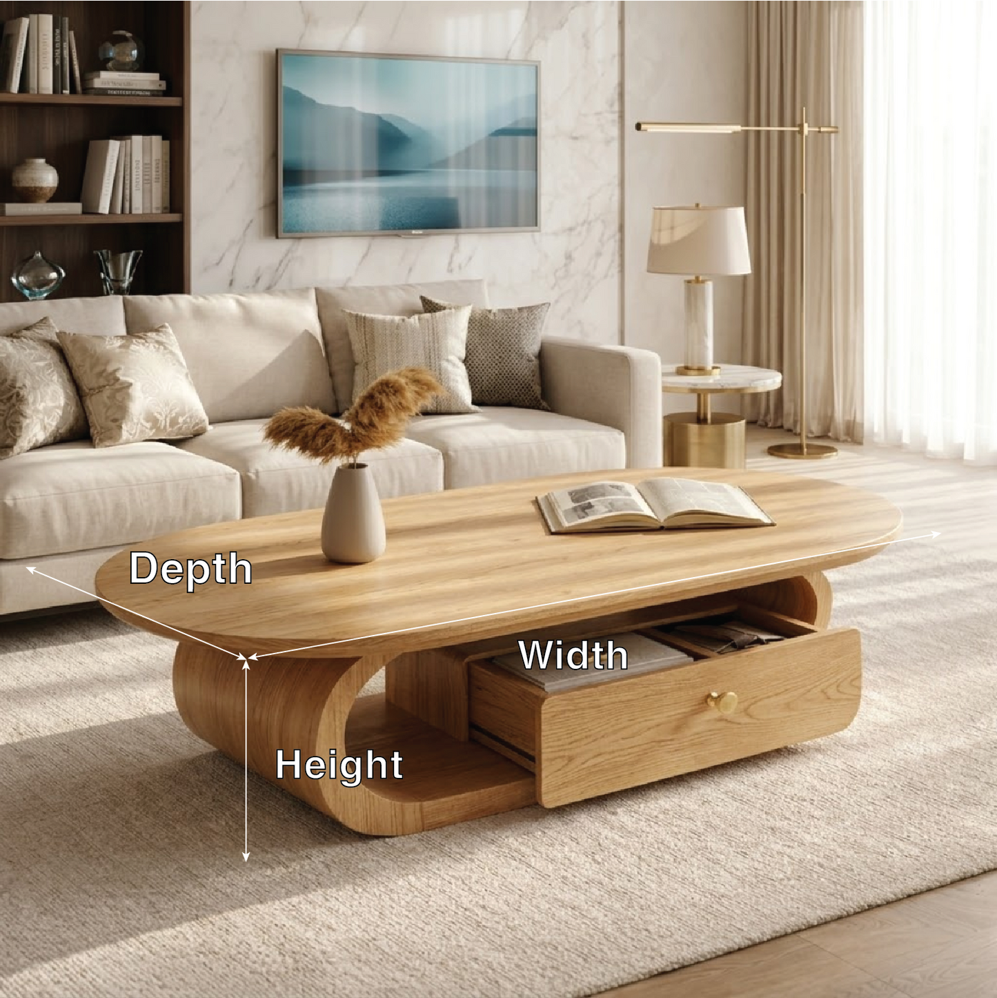 Wooden Coffee Table with Storage Drawer and Curved Modern Design - view 5 of 7