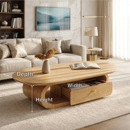 Wooden Coffee Table with Storage Drawer and Curved Modern Design - view 5 of 7