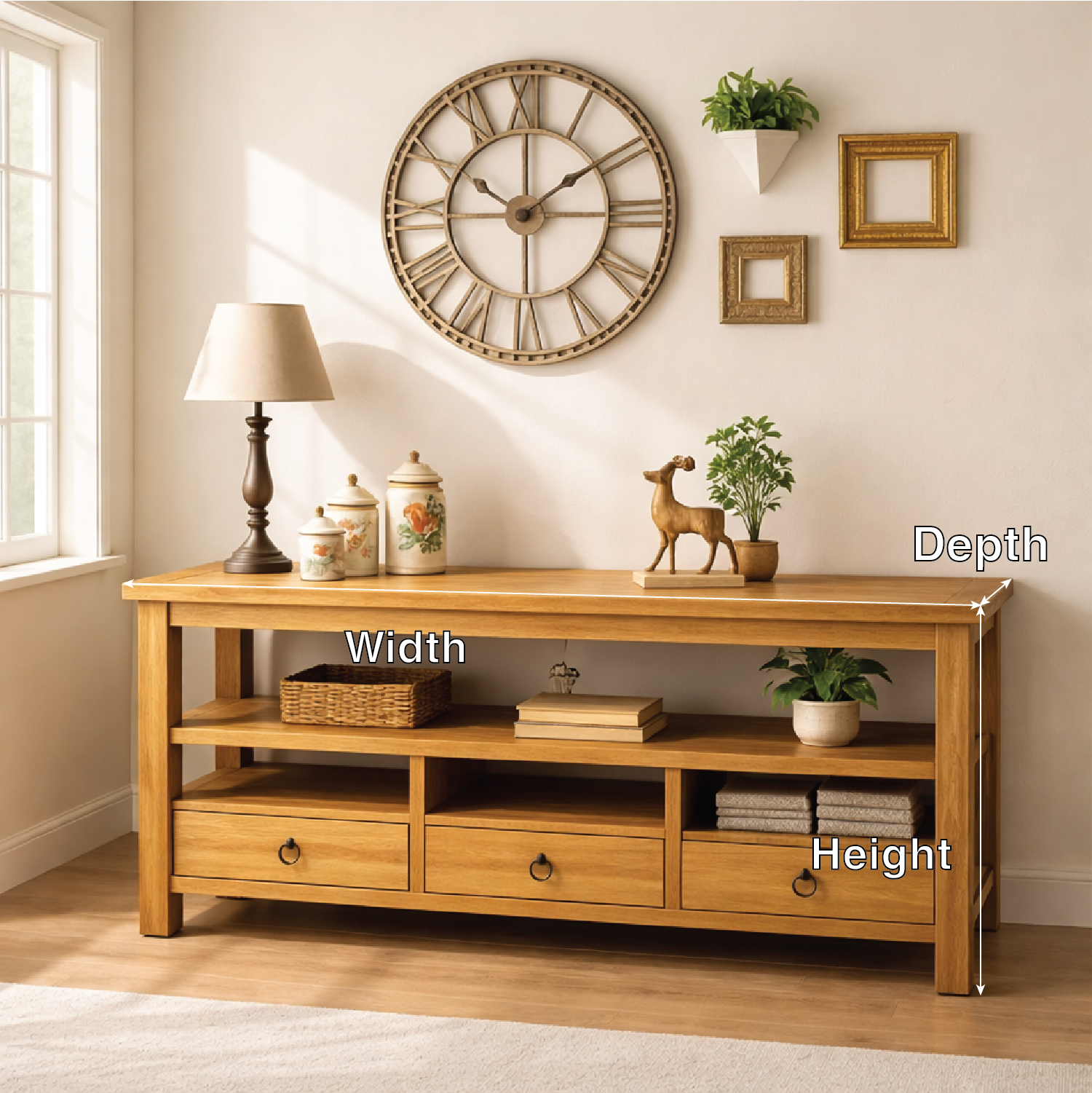Solid Wood Console Table with Drawers, Rustic Oak Media Console Table with Open Shelves - view 2 of 6
