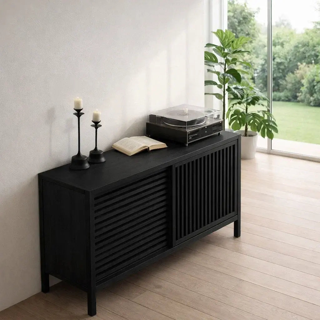 Modern Console Table with Sliding Slatted Doors - view 4 of 7