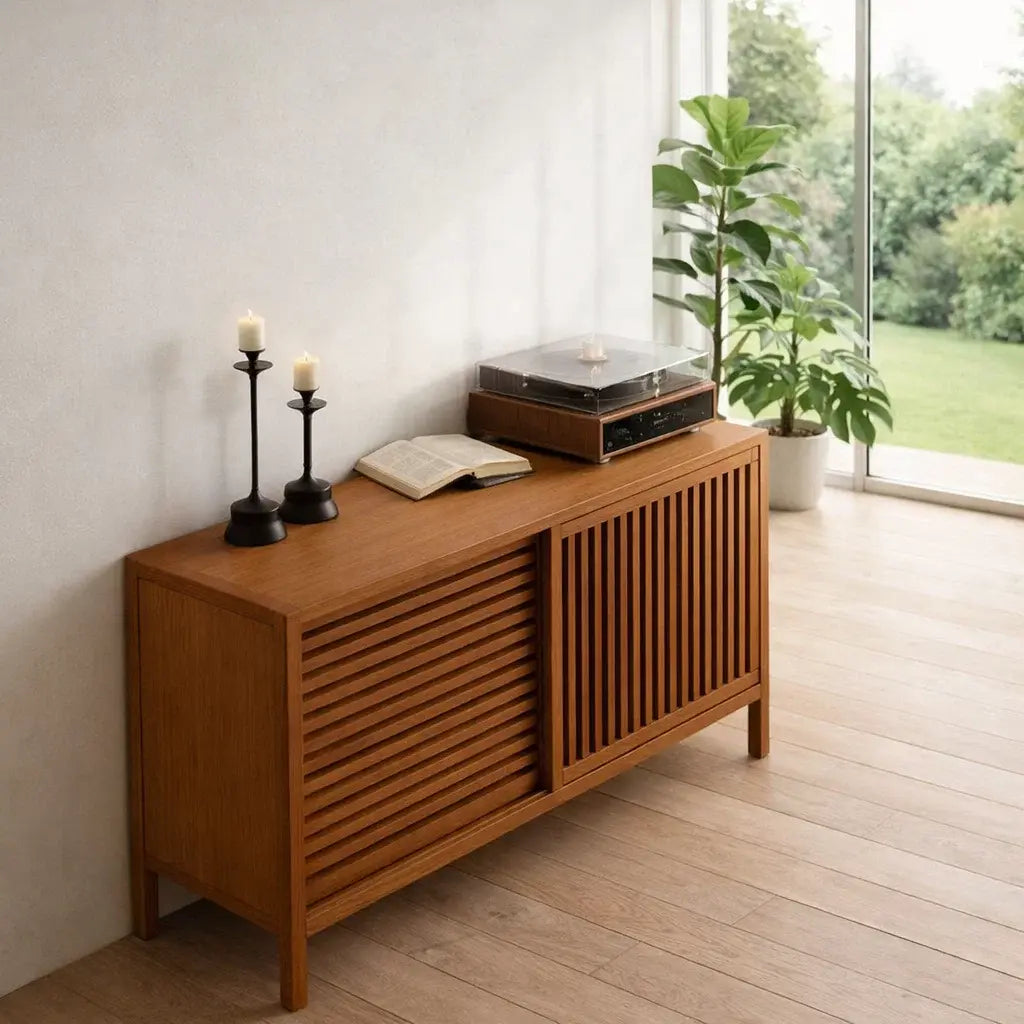 Modern Console Table with Sliding Slatted Doors - view 3 of 7