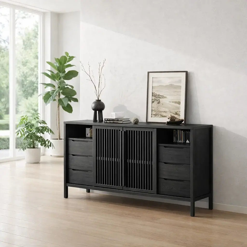 Modern Console Table with Slatted Doors & Multiple Drawers - view 4 of 7