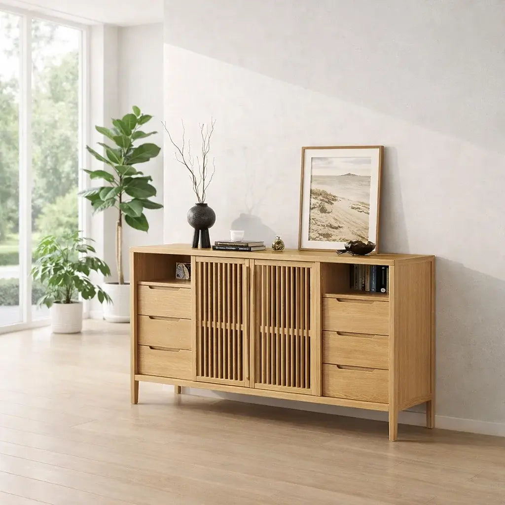Modern Console Table with Slatted Doors & Multiple Drawers - view 1 of 7