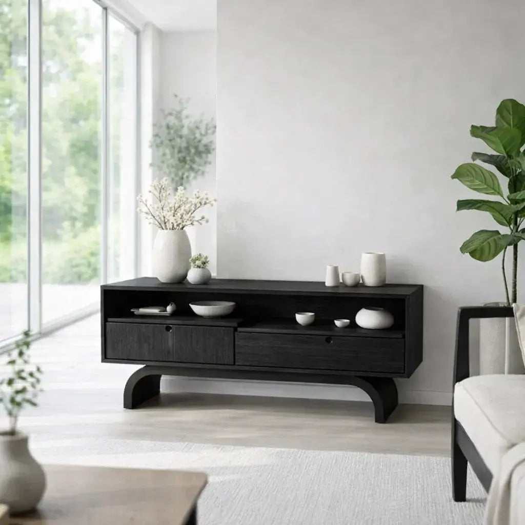 Modern Low Console Table with Drawers & Open Shelf - view 4 of 7