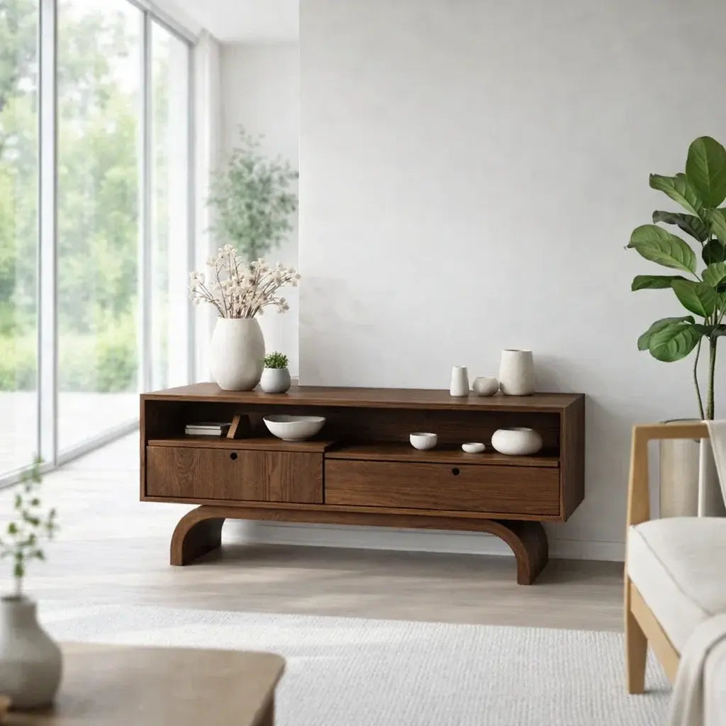 Modern Low Console Table with Drawers & Open Shelf - view 2 of 7