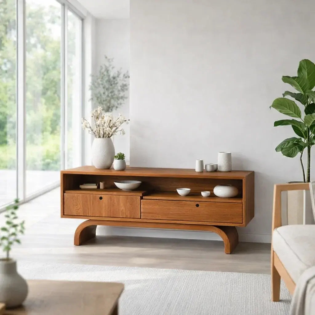 Modern Low Console Table with Drawers & Open Shelf - view 3 of 7