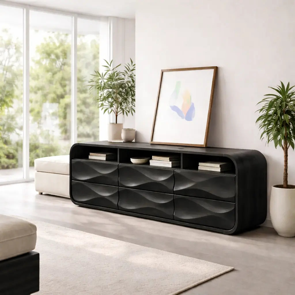 Modern Console Table with Sculpted Drawers & Open Shelf - view 4 of 7