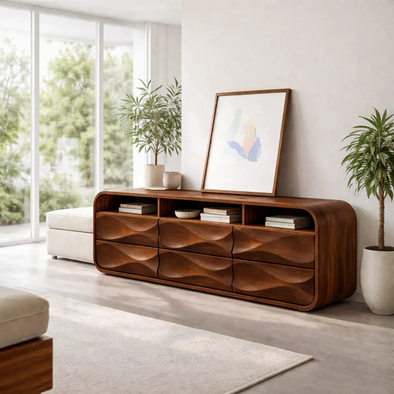 Modern Console Table with Sculpted Drawers & Open Shelf - view 2 of 7