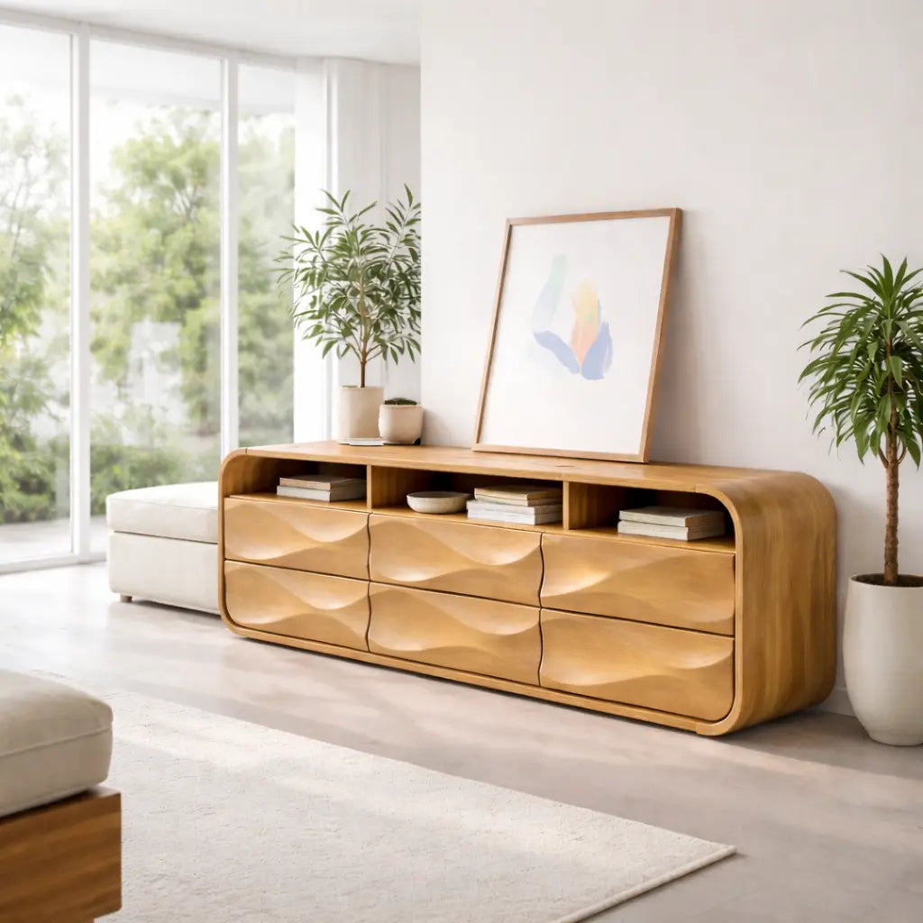 Modern Console Table with Sculpted Drawers & Open Shelf - view 1 of 7