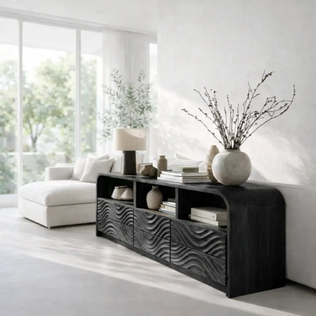 Modern Console Table with Carved Wave Drawers & Open Storage - view 4 of 7