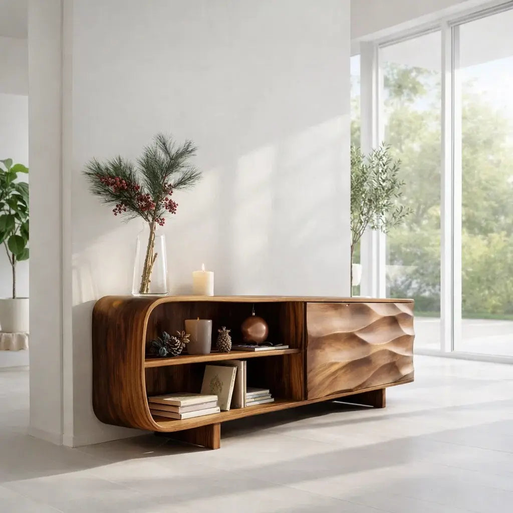 Modern Console Table with Curved Frame & Carved Front Panel - view 3 of 7