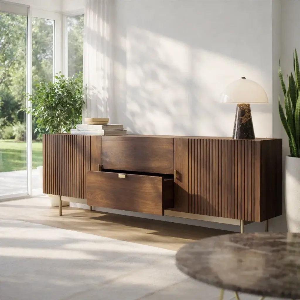 Modern Console Table with Fluted Doors & Center Drawer - view 2 of 7