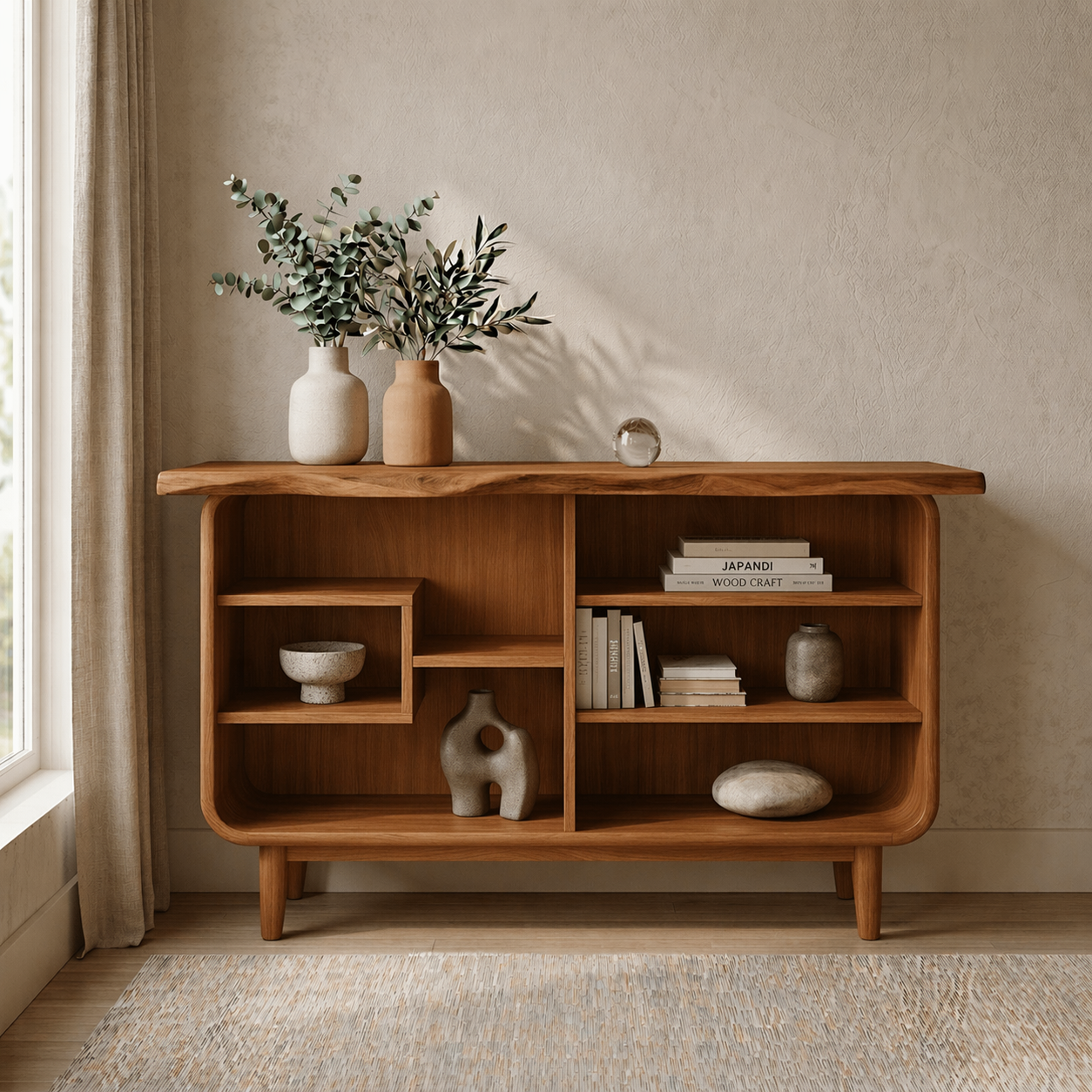 Solid Wood Console Cabinet with Open Shelves – Modern Rustic Storage Sideboard - view 3 of 7