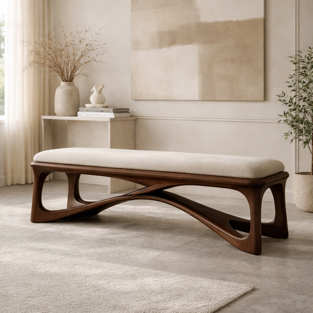 Modern Upholstered Wooden Entryway Bench, Sculptural Hallway Seating for Luxury Homes - view 3 of 7