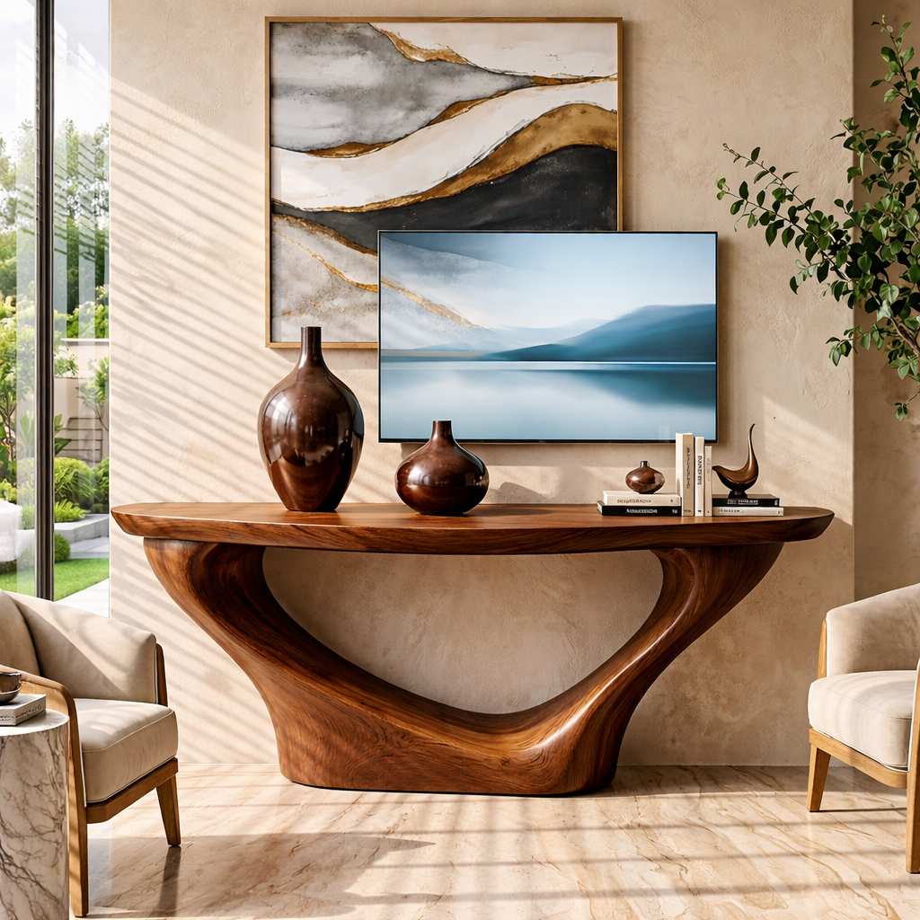 Solid Wood Console Table with Sculptural Curved Base, Modern Artistic Design - view 3 of 7